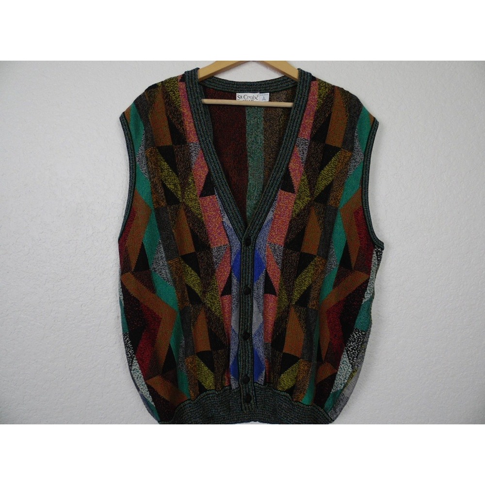 VTG St. Croix Knits Men's Sweater Vest L Multicolor Geometric Cotton USA Made‎